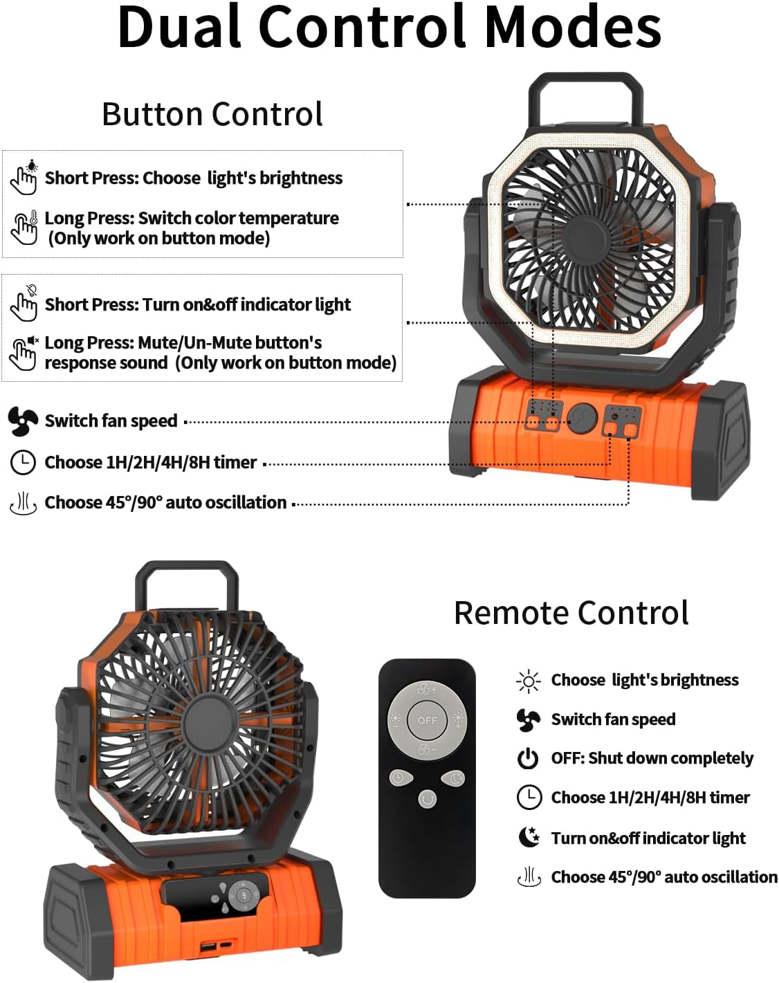 Camping Fan - 20000Mah Battery Powered Fan Battery Operated Rechargeable Portable Outdoor Tent Fans with Hanging Hook, Cordless, 4 Speeds, Remote Control - Orange