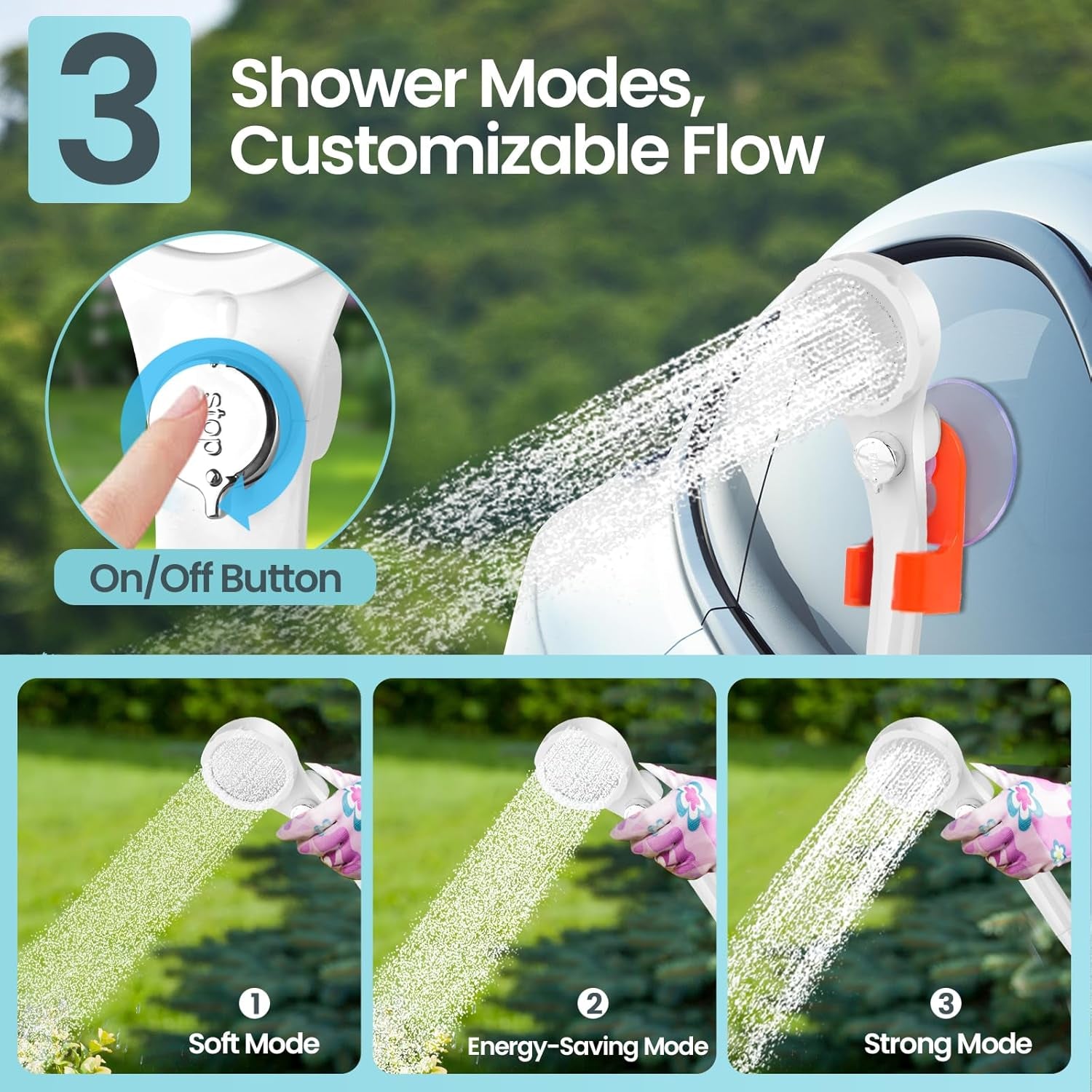 Portable Camping Shower with 7800Mah Battery - 3 Spray Modes, IPX7 Waterproof & Powerful Suction for Indoor, Camping, Beach Travel, RV Life, Pet Bathing, Gardening