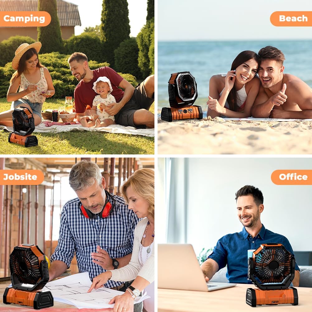 Camping Fan - 20000Mah Battery Powered Fan Rechargeable with LED Lantern - Portable Outdoor Tent Fans with Hanging Hook 4 Speeds Wind Remote Control