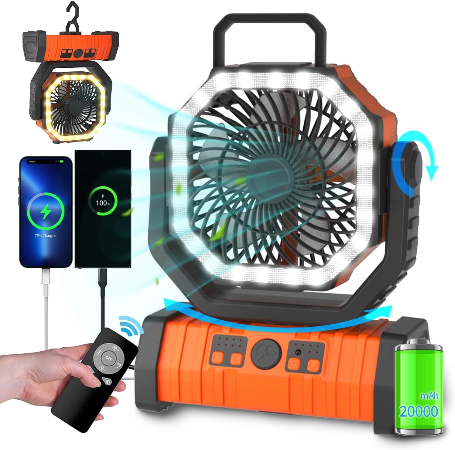 Camping Fan - 20000Mah Battery Powered Fan Battery Operated Rechargeable Portable Outdoor Tent Fans with Hanging Hook, Cordless, 4 Speeds, Remote Control - Orange