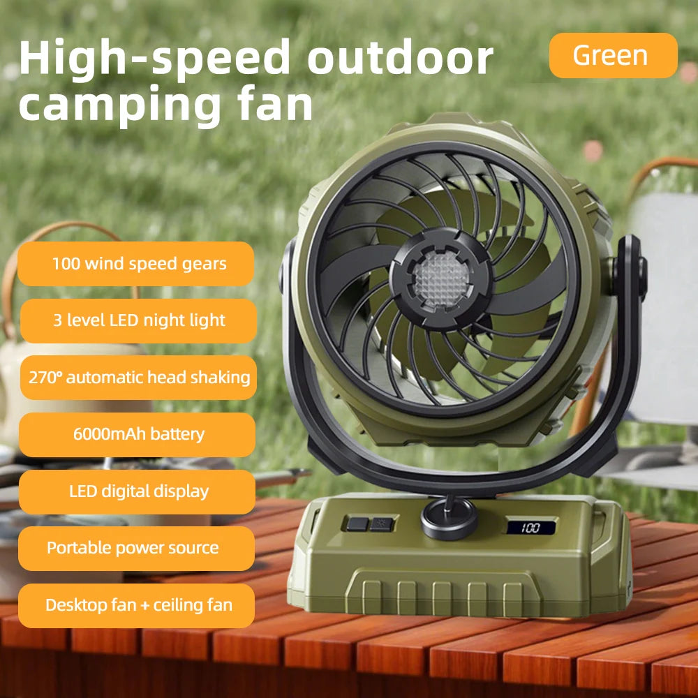 Outdoor Oscillating Camping Fan with LED Light & Power Bank – The Ultimate 3-in-1 Camp Companion