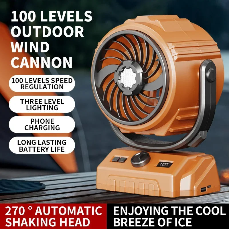 Outdoor Oscillating Camping Fan with LED Light & Power Bank β The Ultimate 3-in-1 Camp Companion