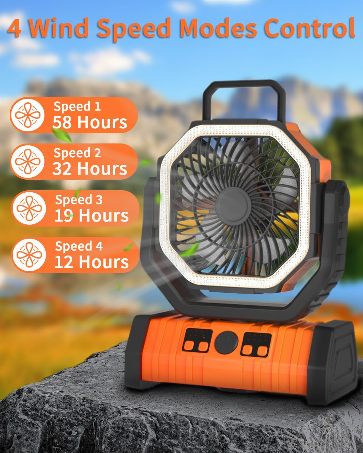 Camping Fan - 20000Mah Battery Powered Fan Battery Operated Rechargeable Portable Outdoor Tent Fans with Hanging Hook, Cordless, 4 Speeds, Remote Control - Orange