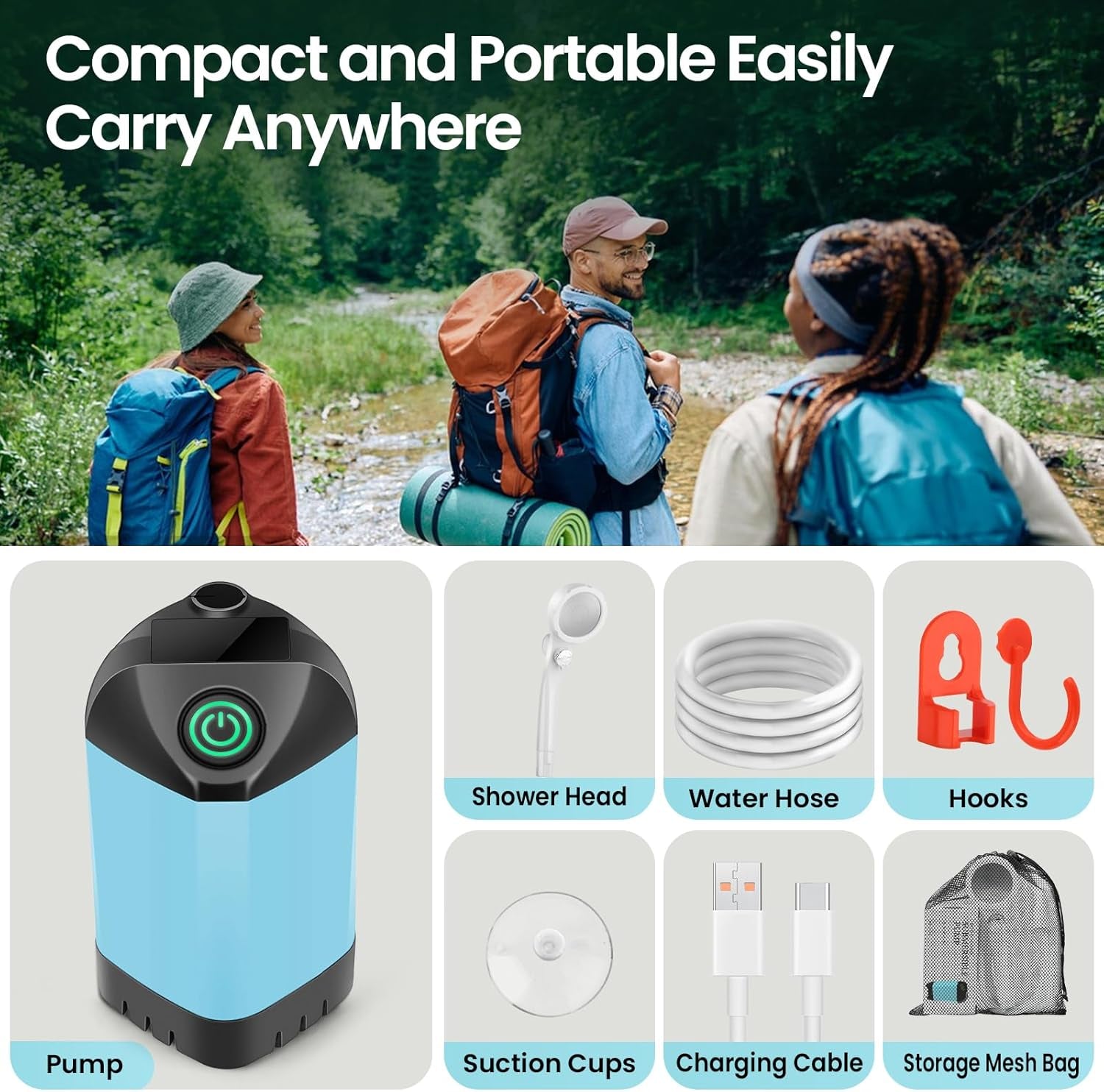 Portable Camping Shower with 7800Mah Battery - 3 Spray Modes, IPX7 Waterproof & Powerful Suction for Indoor, Camping, Beach Travel, RV Life, Pet Bathing, Gardening