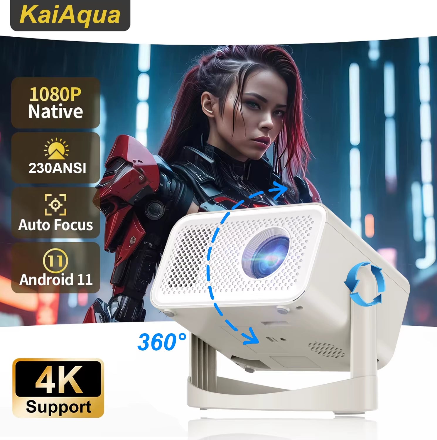 Kaiaqua Projector HT23 plus 4K Android 11 Dual Wifi6 260ANSI Allwinner H713 BT5.0 1080P 1280*720P Home Cinema Outdoor Projetor