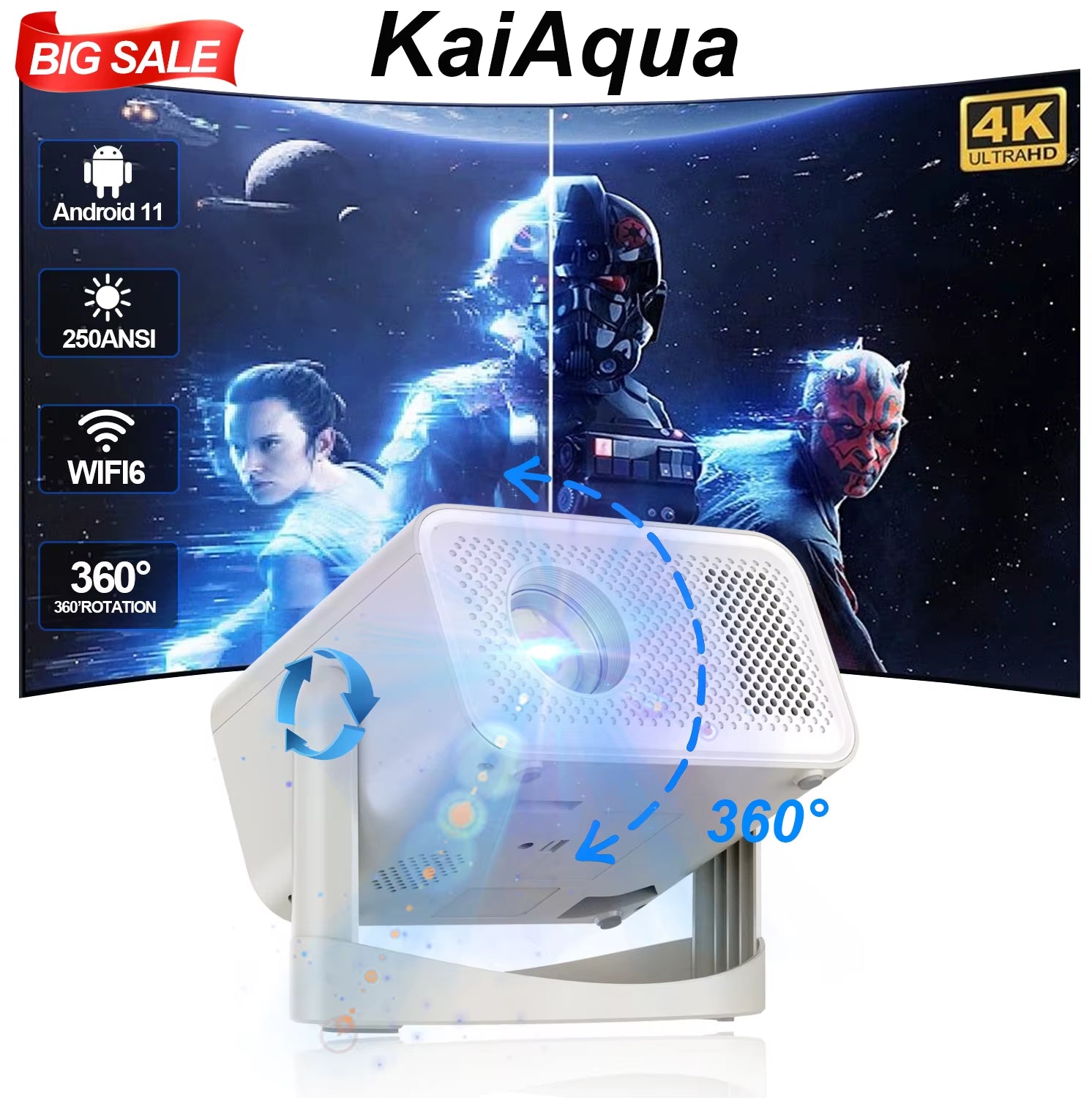 Kaiaqua Projector HT23 plus 4K Android 11 Dual Wifi6 260ANSI Allwinner H713 BT5.0 1080P 1280*720P Home Cinema Outdoor Projetor