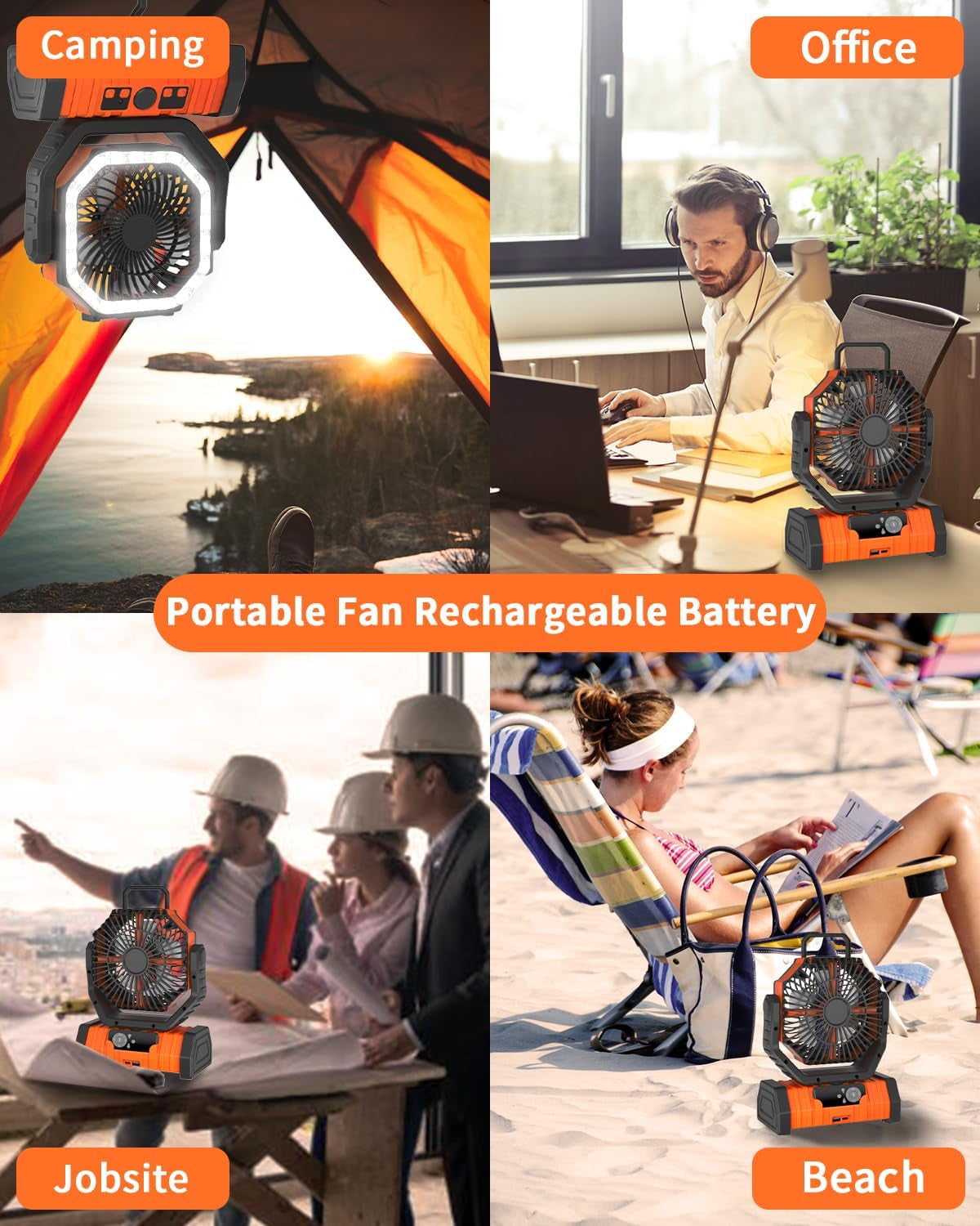 Camping Fan - 20000Mah Battery Powered Fan Battery Operated Rechargeable Portable Outdoor Tent Fans with Hanging Hook, Cordless, 4 Speeds, Remote Control - Orange