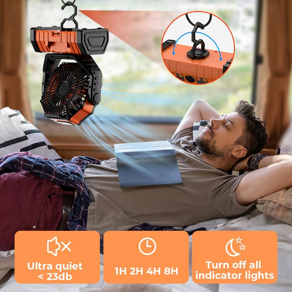 Camping Fan - 20000Mah Battery Powered Fan Rechargeable with LED Lantern - Portable Outdoor Tent Fans with Hanging Hook 4 Speeds Wind Remote Control