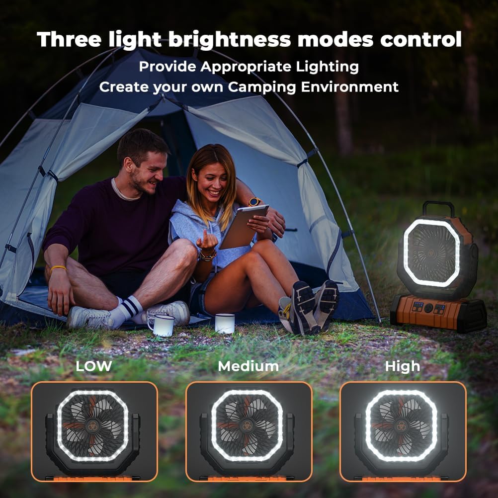Camping Fan - 20000Mah Battery Powered Fan Rechargeable with LED Lantern - Portable Outdoor Tent Fans with Hanging Hook 4 Speeds Wind Remote Control