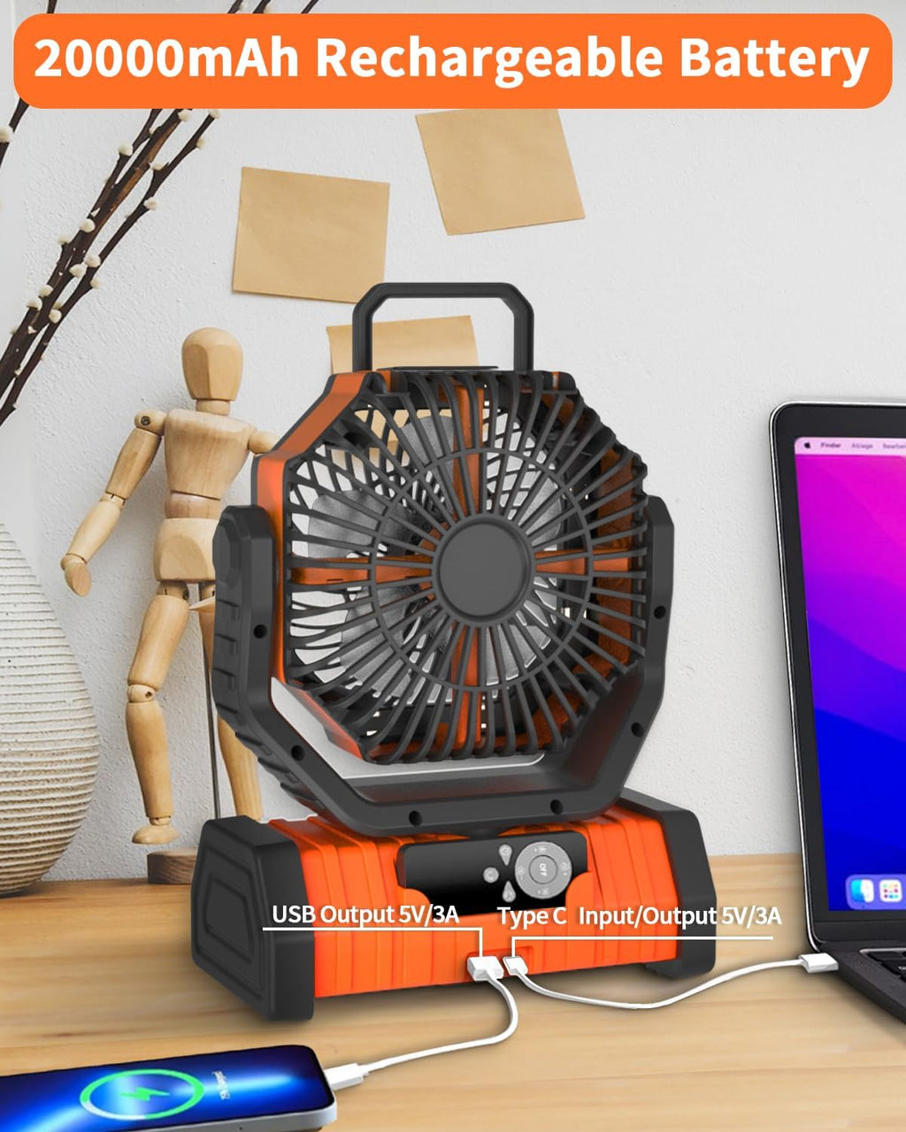 Camping Fan - 20000Mah Battery Powered Fan Battery Operated Rechargeable Portable Outdoor Tent Fans with Hanging Hook, Cordless, 4 Speeds, Remote Control - Orange