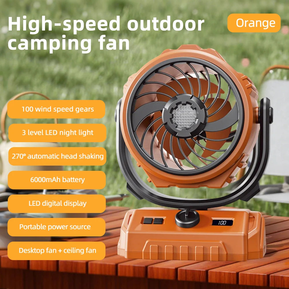 Outdoor Oscillating Camping Fan with LED Light & Power Bank – The Ultimate 3-in-1 Camp Companion