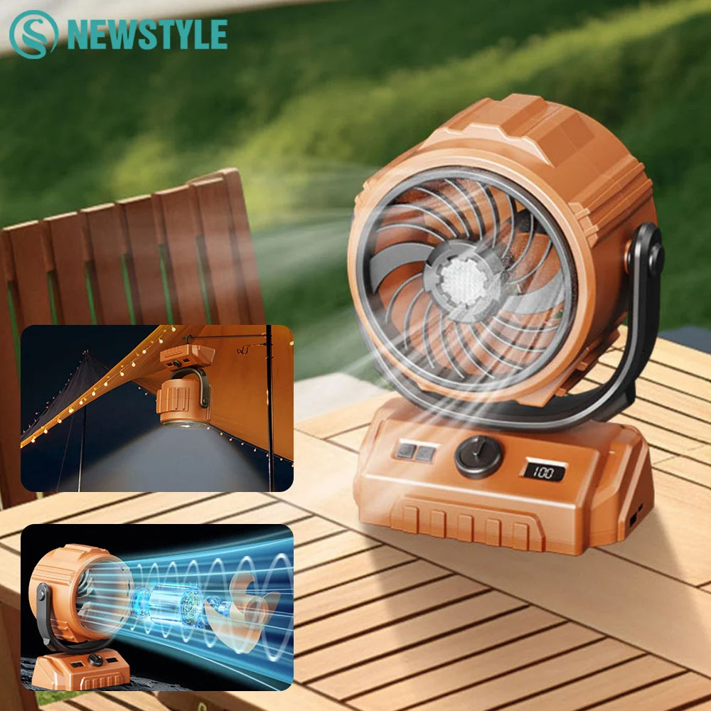 Outdoor Oscillating Camping Fan with LED Light & Power Bank – The Ultimate 3-in-1 Camp Companion