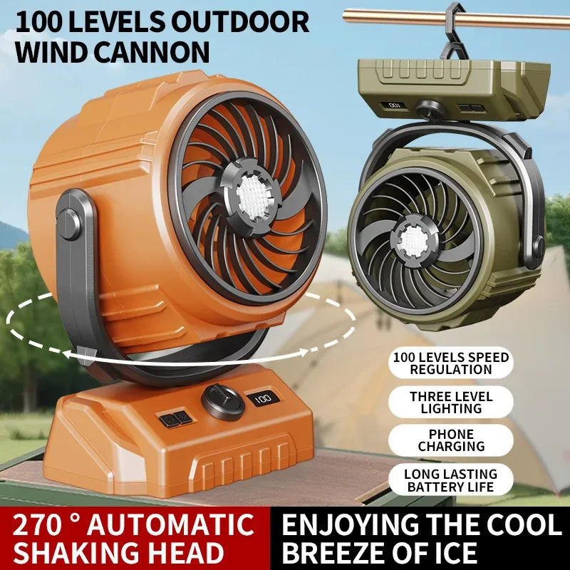 Outdoor Oscillating Camping Fan with LED Light & Power Bank – The Ultimate 3-in-1 Camp Companion