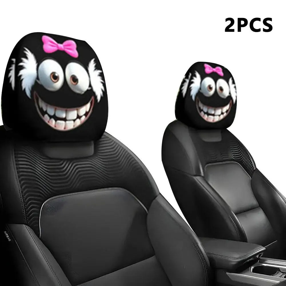 2Pcs Universal Fun Cartoon Car Pillowcase Cute Funny Car Print Pillowcase Breathable Comfortable Holiday Car Interior Accessory