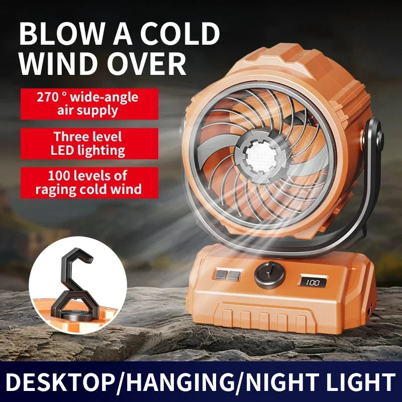 Outdoor Oscillating Camping Fan with LED Light & Power Bank – The Ultimate 3-in-1 Camp Companion
