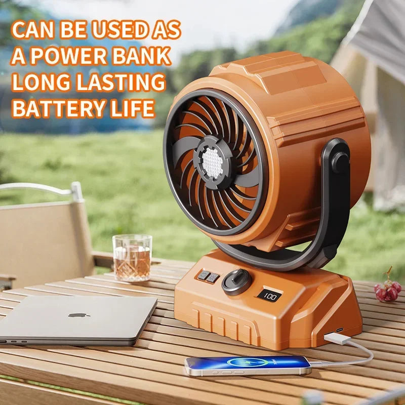 Outdoor Oscillating Camping Fan with LED Light & Power Bank – The Ultimate 3-in-1 Camp Companion