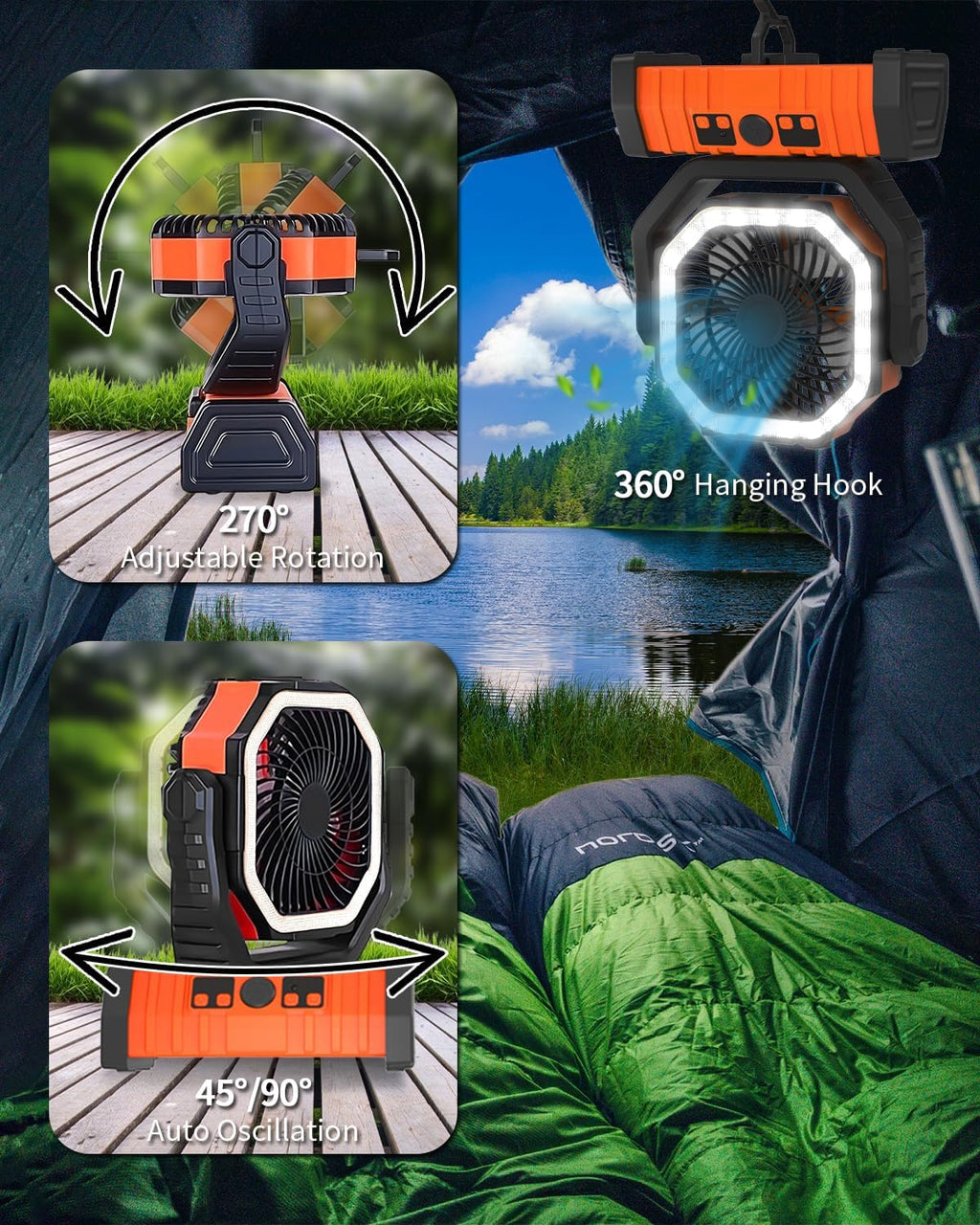 Camping Fan - 20000Mah Battery Powered Fan Battery Operated Rechargeable Portable Outdoor Tent Fans with Hanging Hook, Cordless, 4 Speeds, Remote Control - Orange