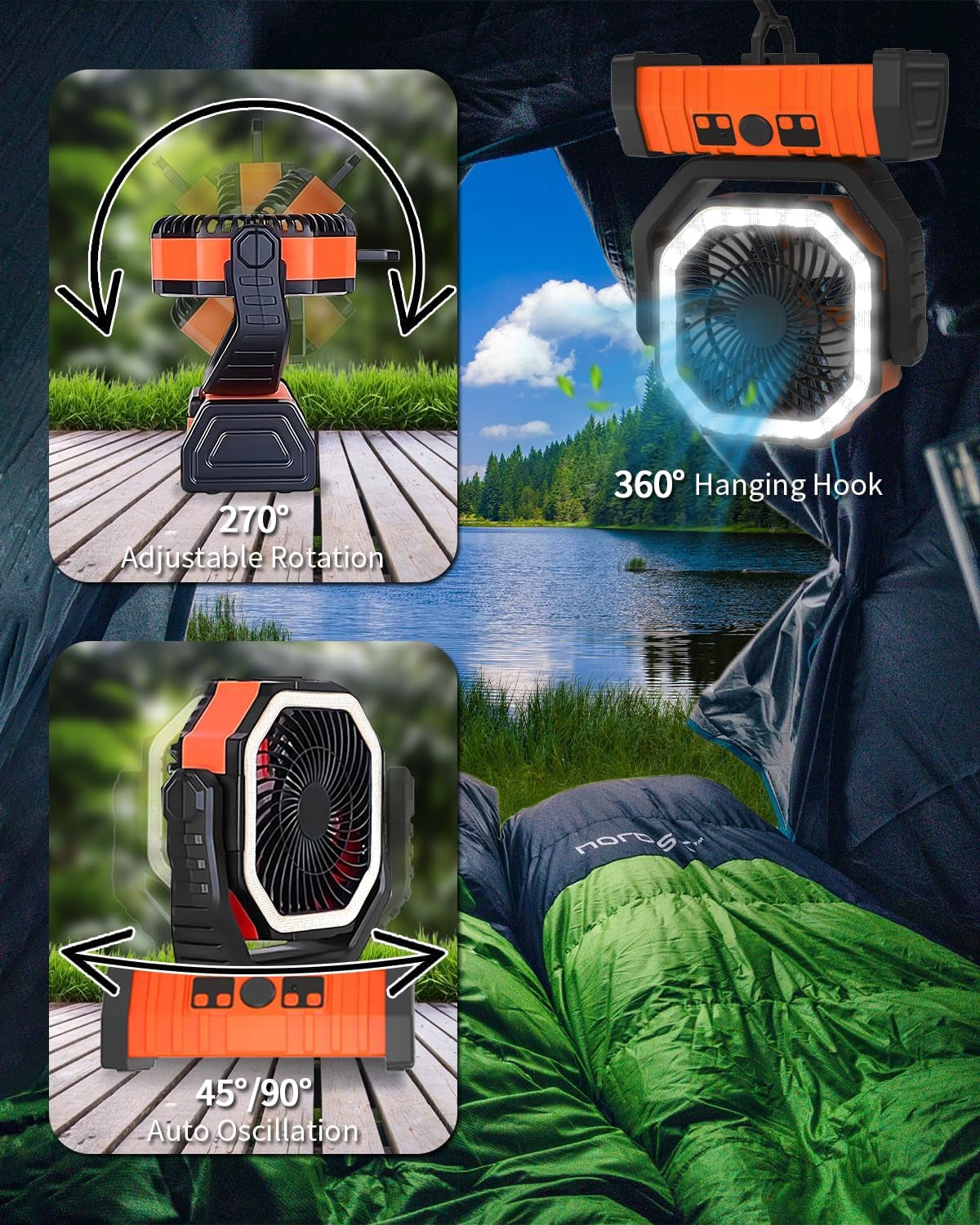Camping Fan - 20000Mah Battery Powered Fan Battery Operated Rechargeable Portable Outdoor Tent Fans with Hanging Hook, Cordless, 4 Speeds, Remote Control - Orange